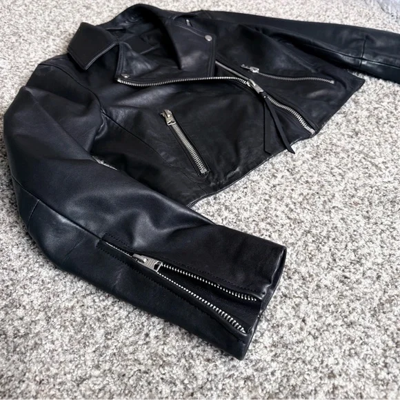 All Saints DALBY CROPPED LEATHER BIKER JACKET - Picture 2 of 8